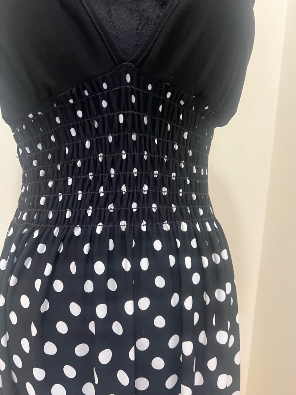Black White Polka Dot Halter Dress Smocked Waist Fit Flare Pinup Small - Picture 4 of 9